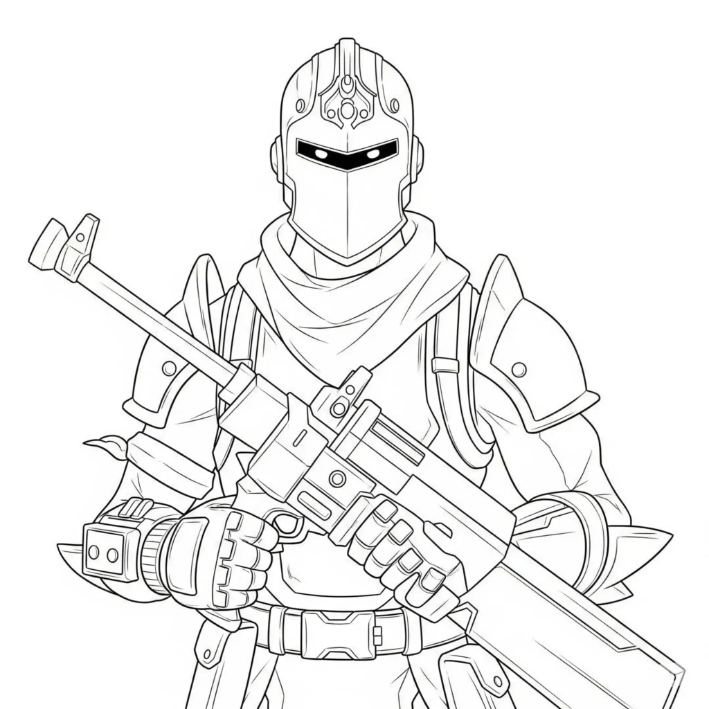 Fortnite Malvorlage kostenlos mit einem gepanzerten Ritter Skin als PDF zum ausdrucken und ausmalen für Kinder oder Jugendliche