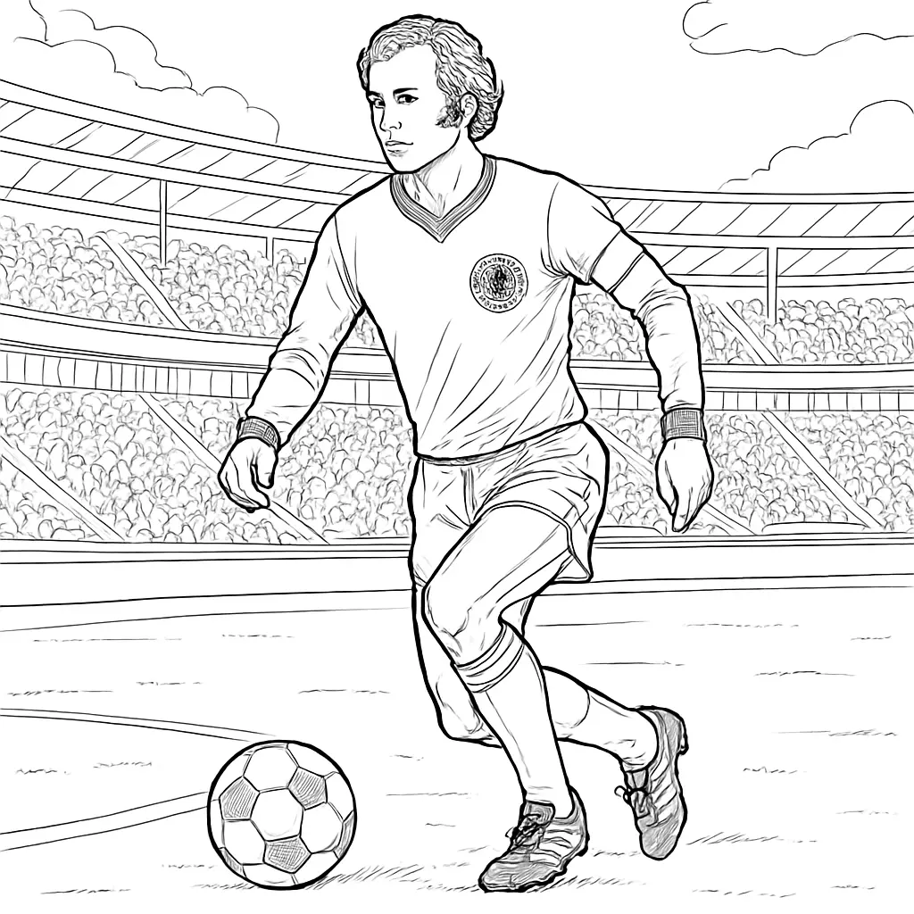 Ausmalbild Franz Beckenbauer im Nationaltrikot beim Fußballspiel, kontrolliert den Ball auf dem Spielfeld, Stadion im Hintergrund.