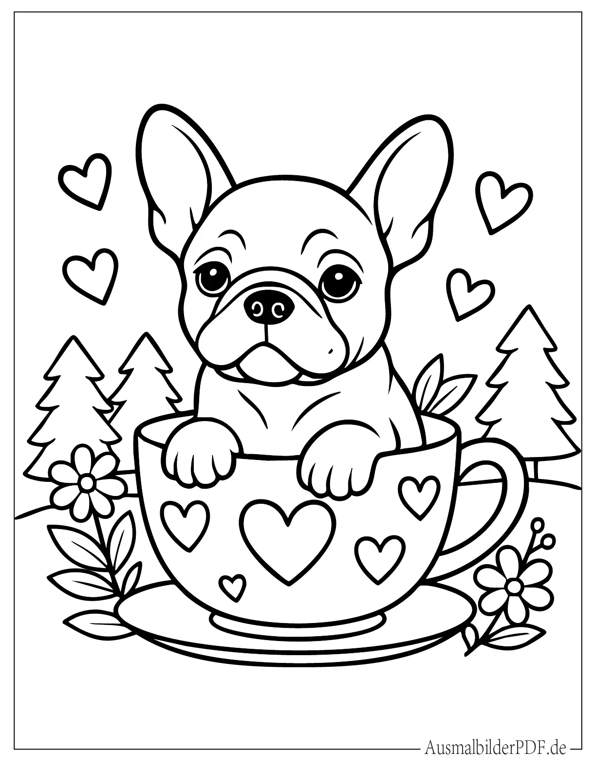 Französische Bulldogge schaut aus einer Teetasse Malvorlage