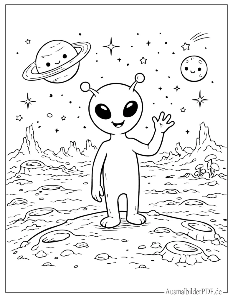 Ausmalbild eines freundlichen Aliens auf einem fernen, felsigen Planeten, perfekt für Kinder