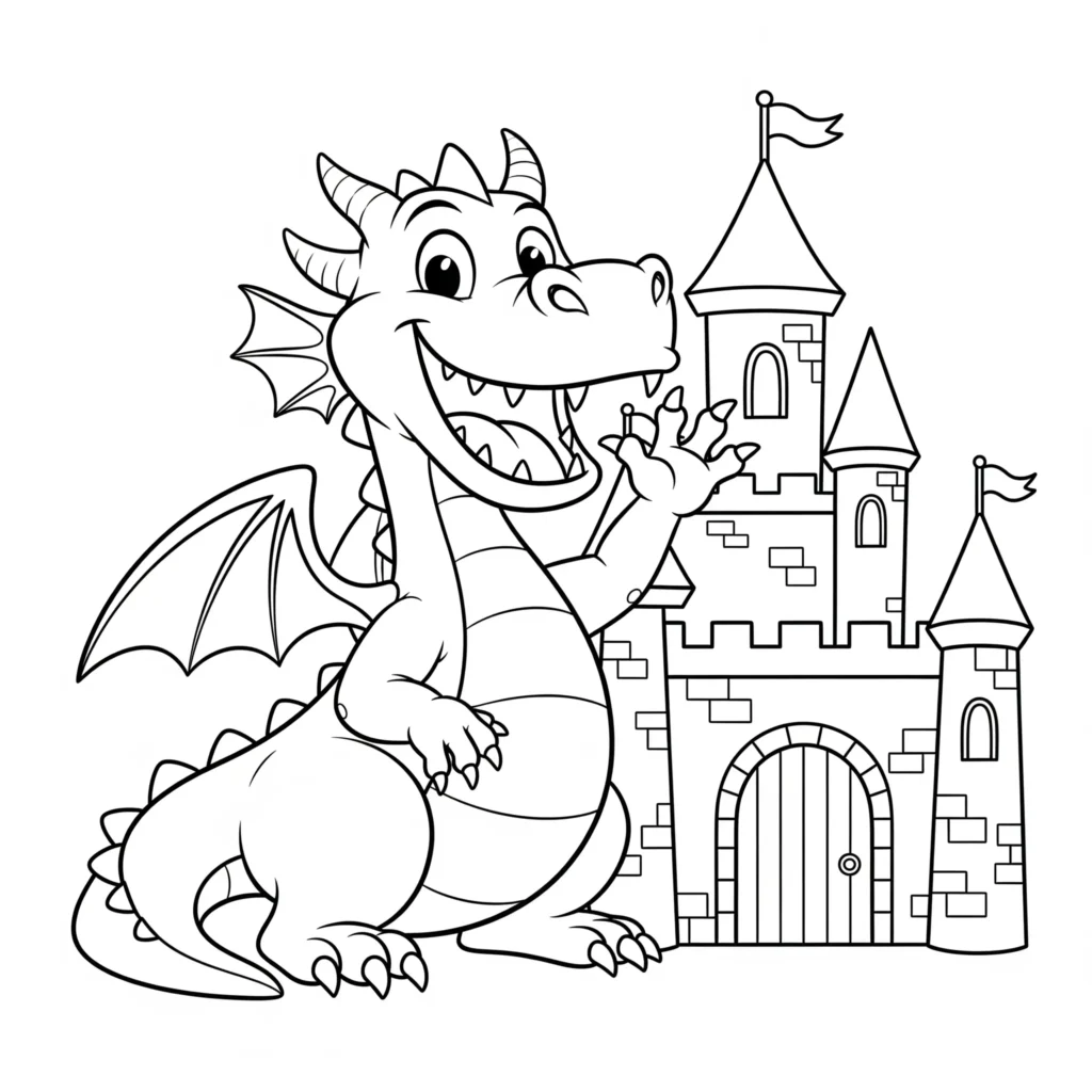 30 Drachen Ausmalbilder (Kostenlos Malvorlage zum Ausdrucken) Fröhlicher Cartoon Drache winkt zum Ausmalen und Ausdrucken für Kinder