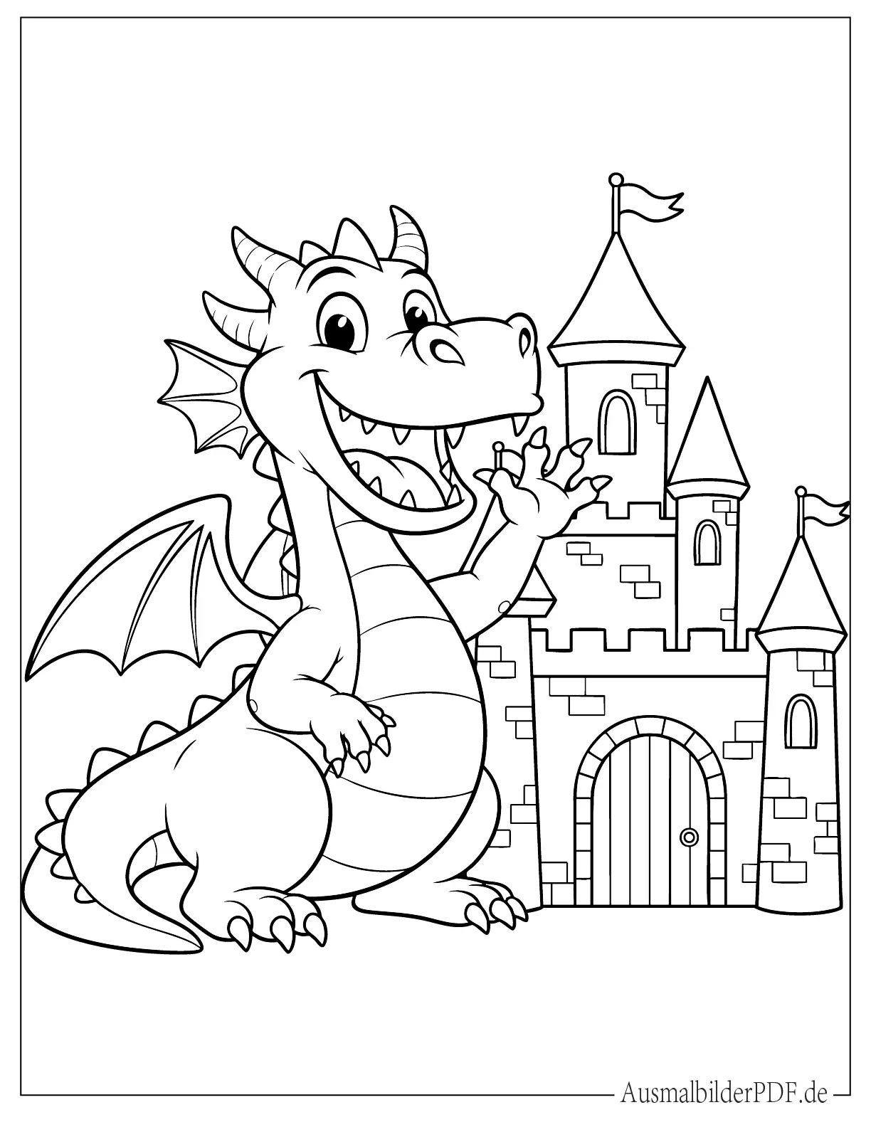 Freundlicher Cartoon Drache winkt vor Schloss zum Ausmalen für Kinder
