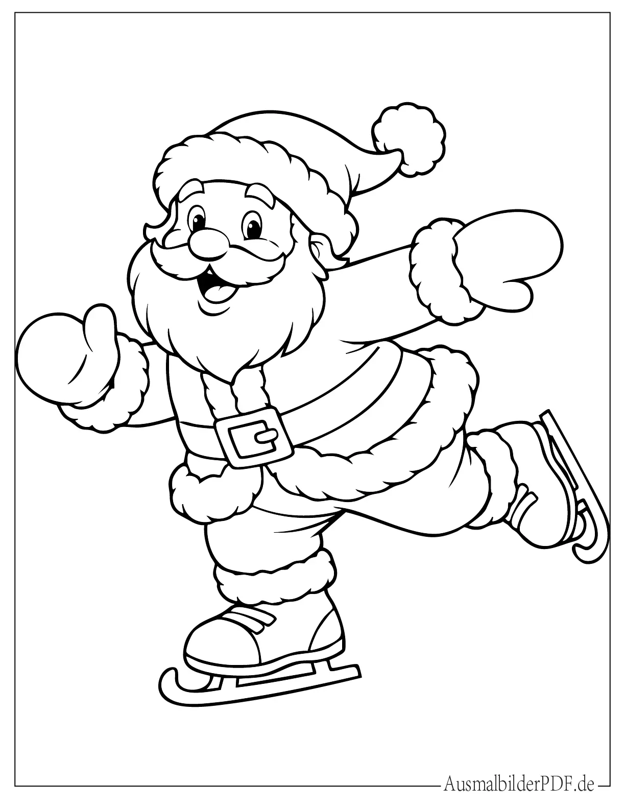 Einfacher fröhlicher Weihnachtsmann trägt Fäustlinge und Stiefel beim Schlittschuhlaufen Malvorlage