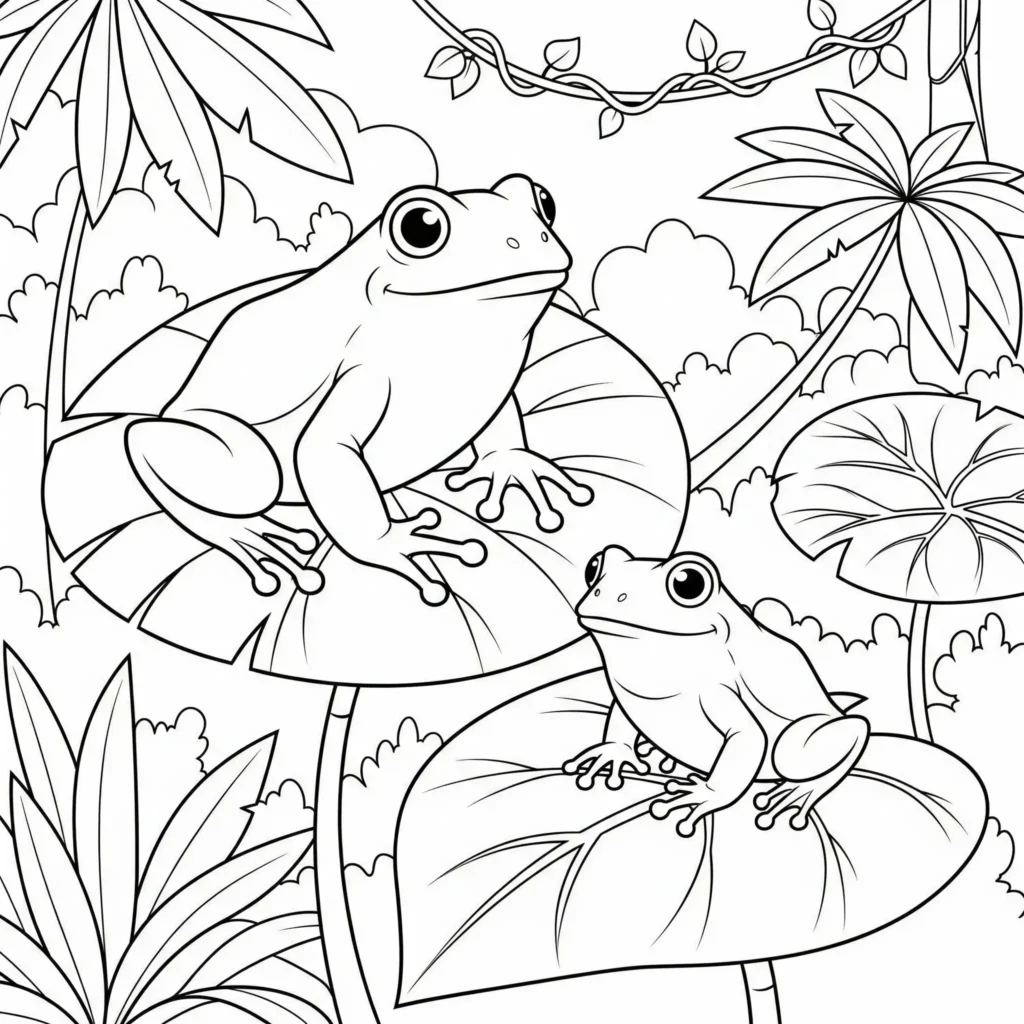 20 Dschungel Ausmalbilder (Gratis Malvorlage zum Ausdrucken) Malvorlage mit mehreren Fröschen, die auf riesigen Blättern im Dschungel sitzen, zum Ausdrucken für Kinder und Erwachsene
