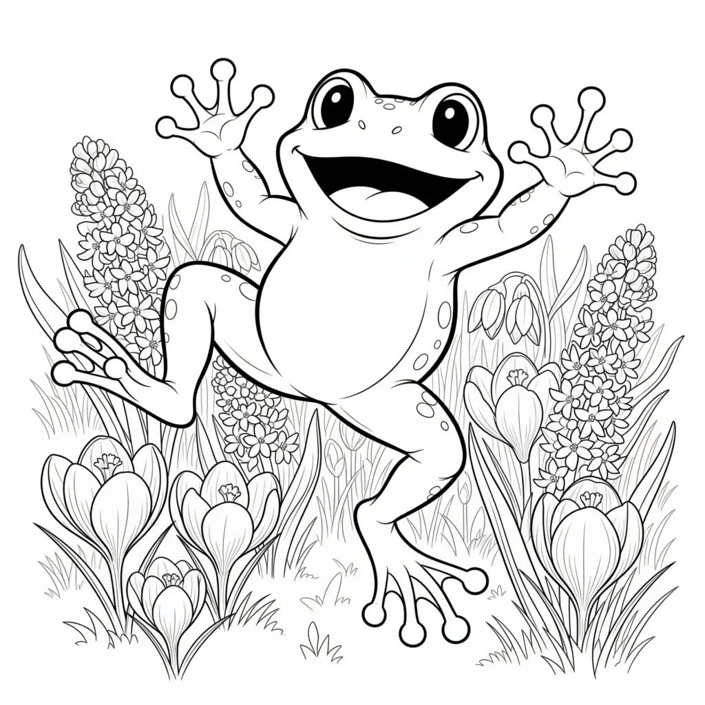 20+ Frosch Ausmalbilder (Kostenlos Malvorlage zum Ausdrucken) Ausmalbild eines Frosches der fröhlich durch Blumen hüpft perfekt zum Ausdrucken und Ausmalen für Kinder