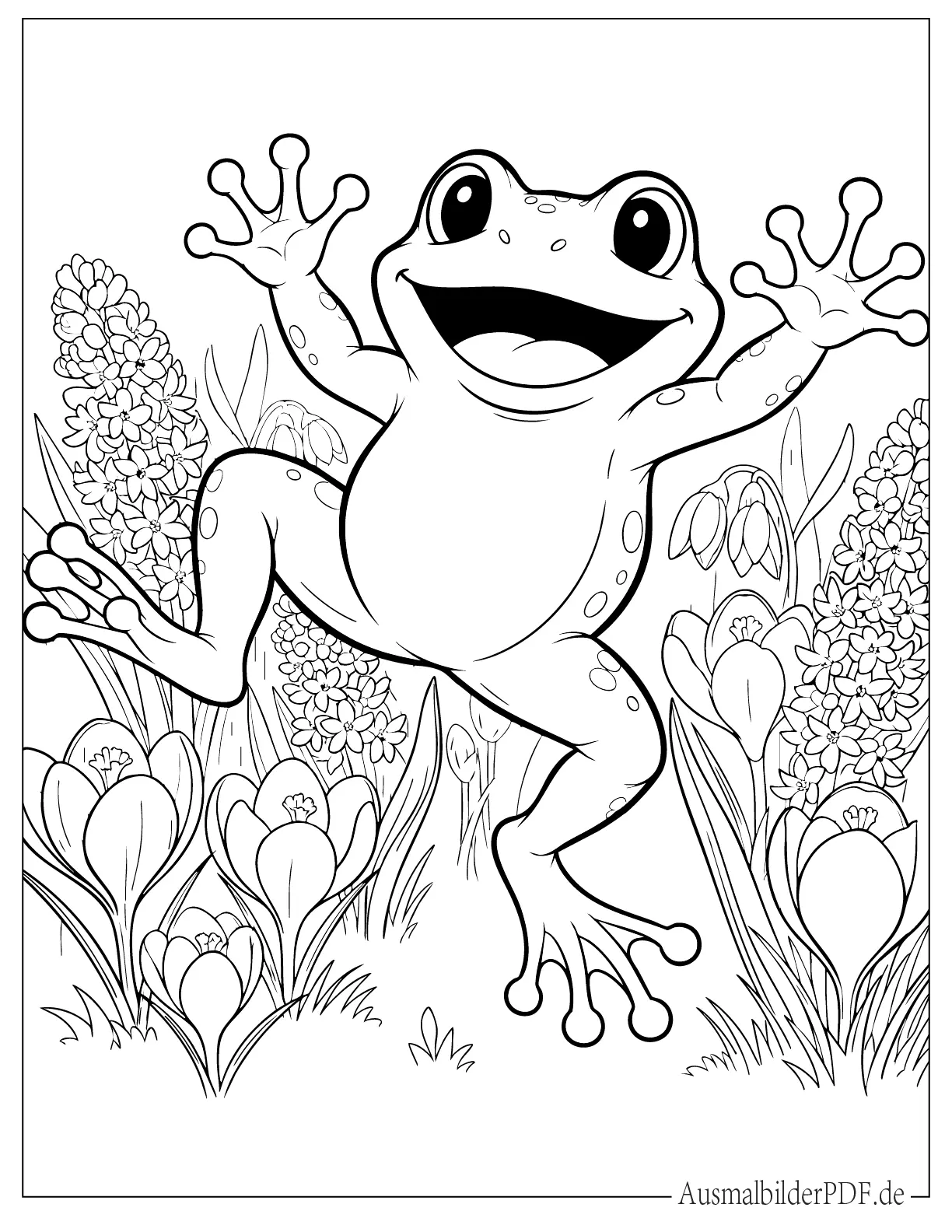 Fröhlicher Frosch hüpft durch Blumen zum Ausmalen