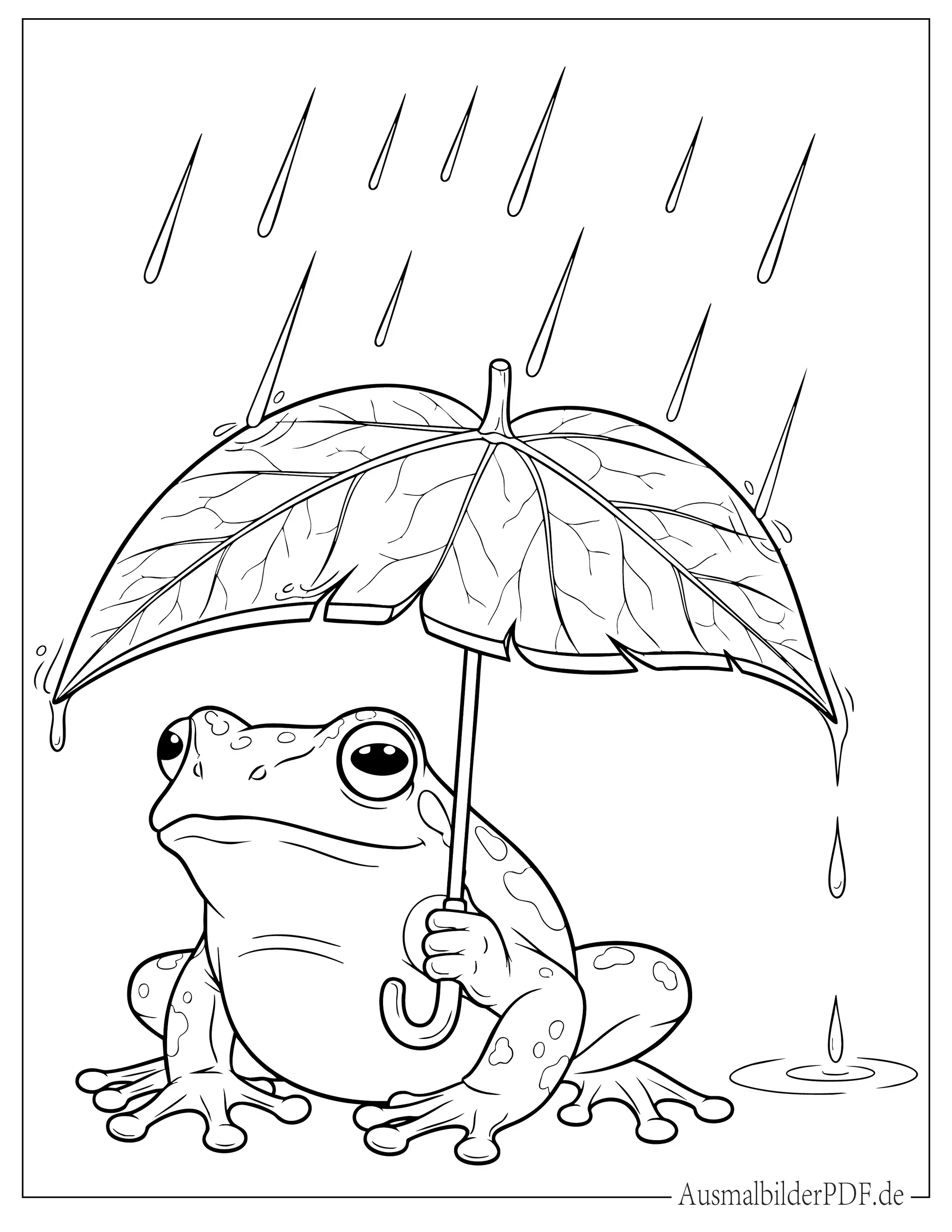 Frosch im Regen hält Blattregenschirm zum Ausmalen