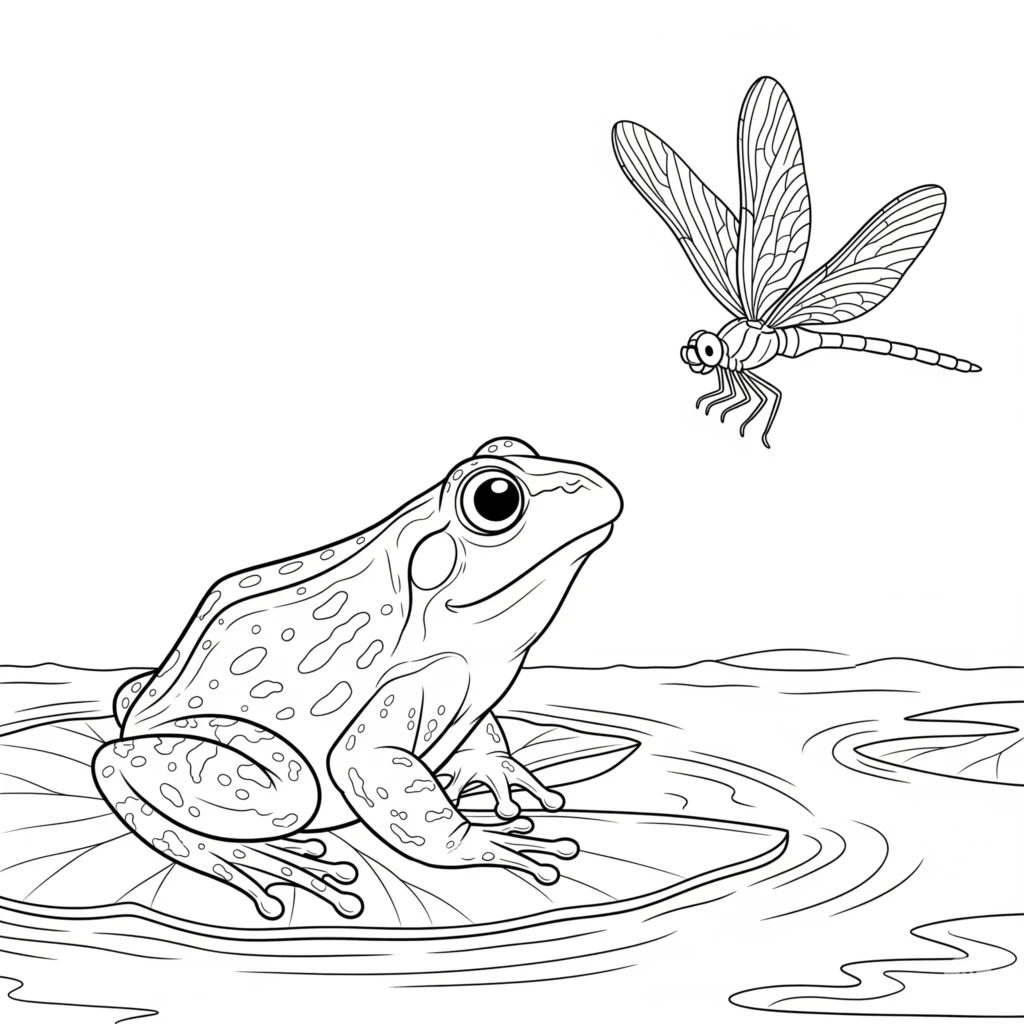 20+ Frosch Ausmalbilder (Kostenlos Malvorlage zum Ausdrucken) Dieses Ausmalbild zeigt einen Frosch zusammen mit einer Libelle, perfekt für Kinder zum Ausdrucken und Ausmalen.