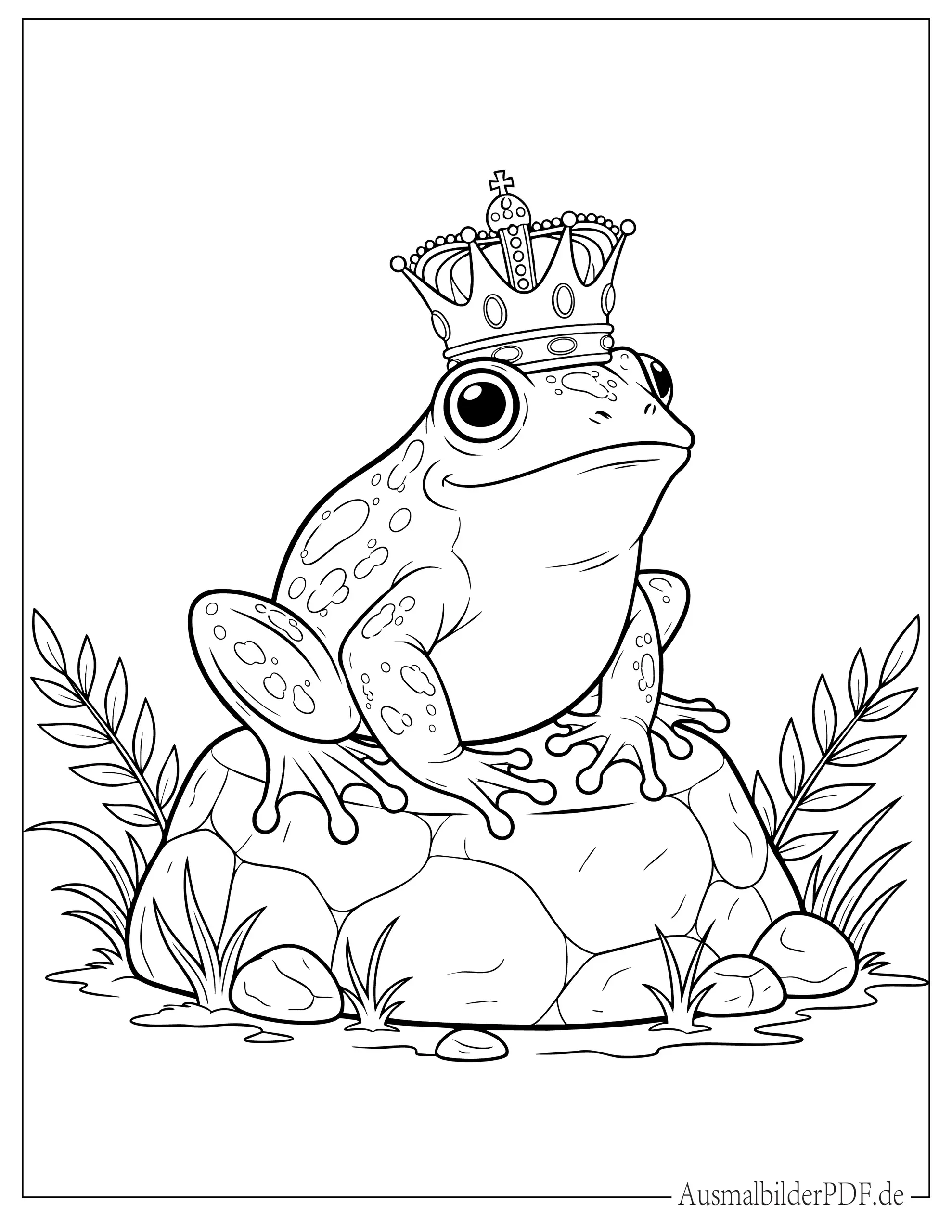 Frosch mit Krone sitzt auf Felsen zum Ausmalen