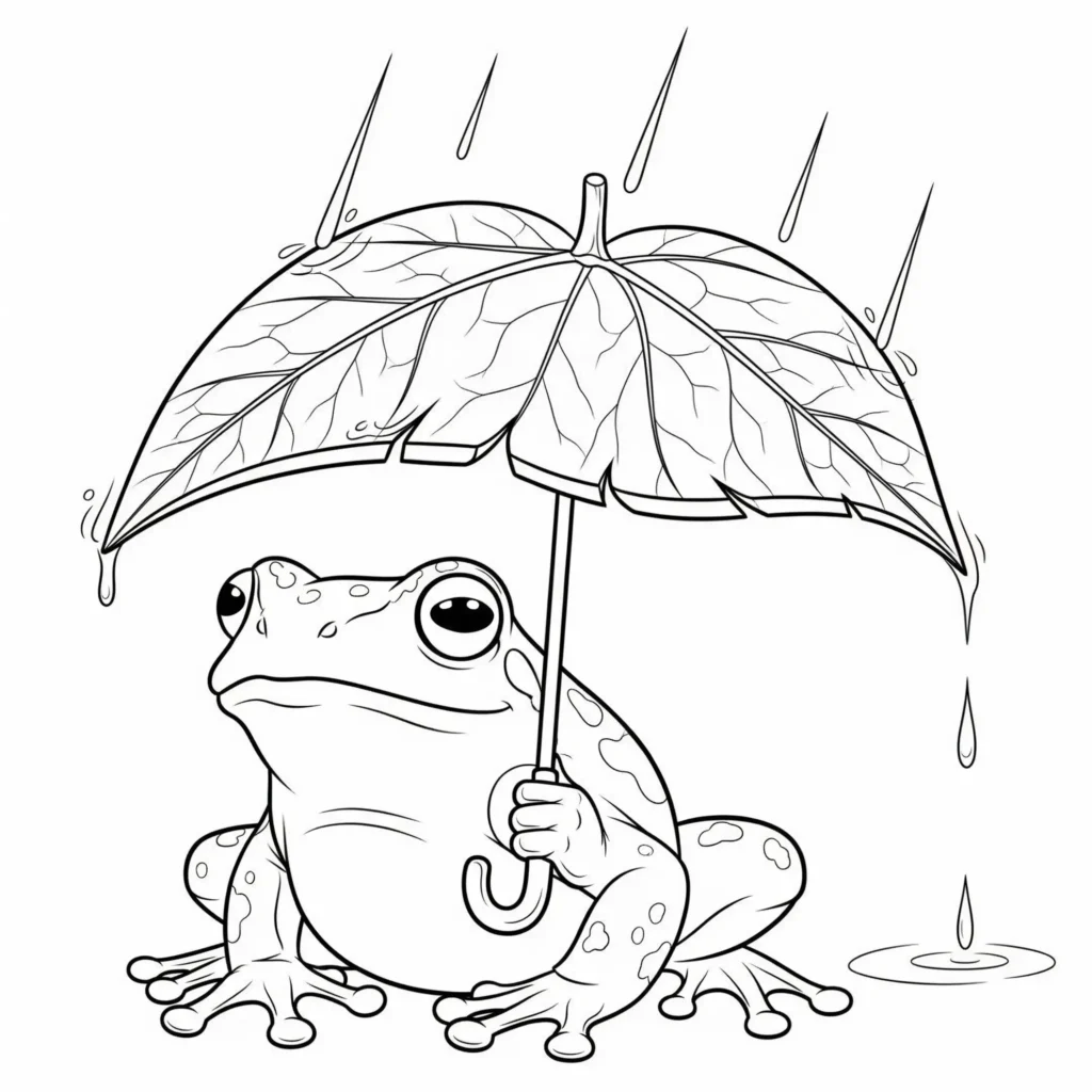 20+ Frosch Ausmalbilder (Kostenlos Malvorlage zum Ausdrucken) Frosch Ausmalbild mit Regenschirm an einem Regentag, ideal zum Ausdrucken für Kinder.