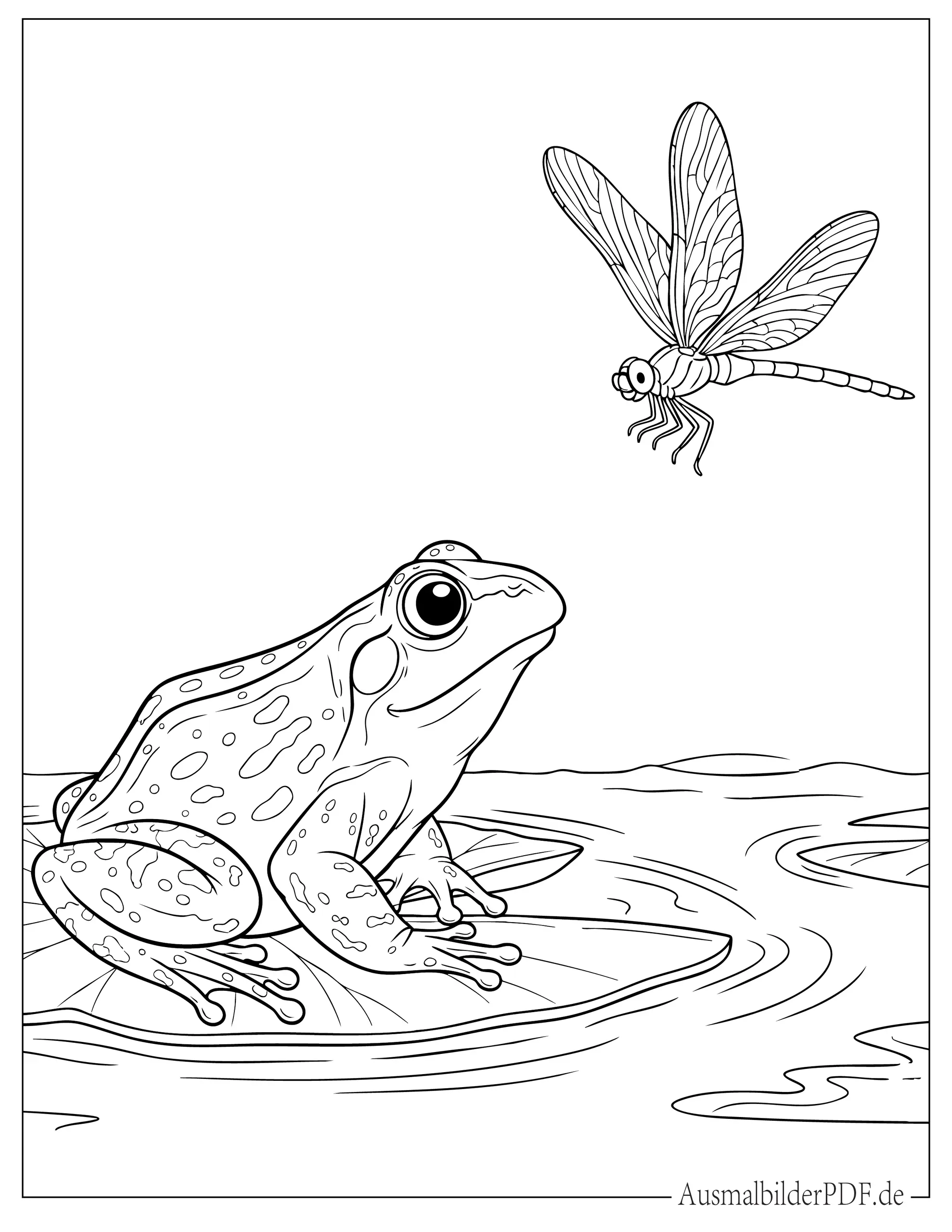 Frosch schaut eine Libelle an Ausdruckbare Malvorlage