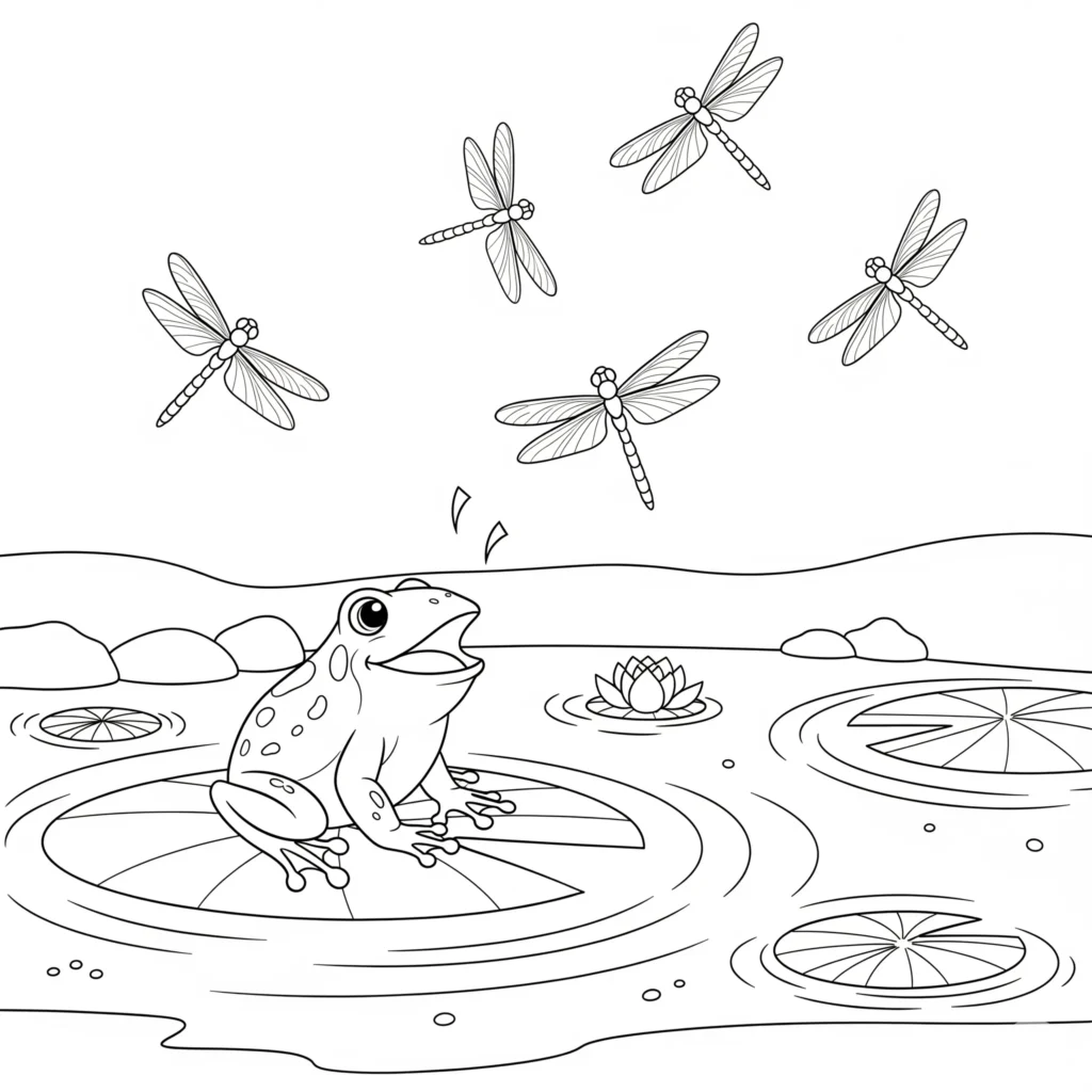Ausmalbild zeigt einen Frosch, der entspannt auf einer Seerose im Teich sitzt, ideal zum Ausmalen und Ausdrucken für Kinder im Frühling
