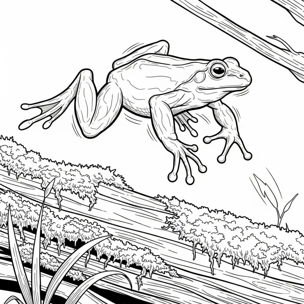 20+ Frosch Ausmalbilder (Kostenlos Malvorlage zum Ausdrucken) Frosch beim Springen über einen Holzstamm als Ausmalbild, ideal zum Ausdrucken für Kinder.