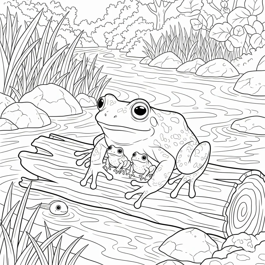 20+ Frosch Ausmalbilder (Kostenlos Malvorlage zum Ausdrucken) Malvorlage einer Froschfamilie, die auf einem Holzstamm sitzt, ideal zum Ausdrucken und Ausmalen für Kinder.