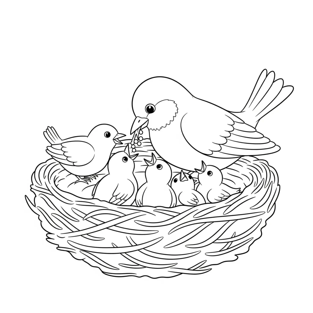 Frühling Malvorlage zeigt einen Spatz, der Kinder füttert, zum Ausdrucken und Ausmalen für Kinder und Erwachsene