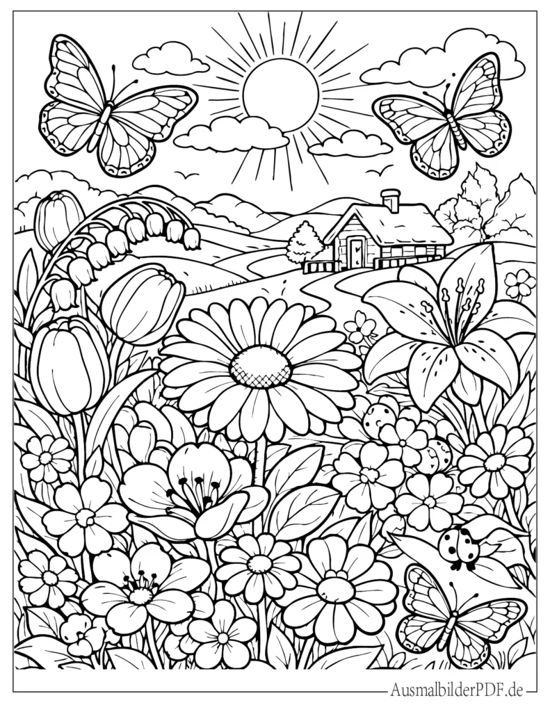 Ausmalbild von bunten Frühlingsblumen für Kinder, ideal zum Ausdrucken und Ausmalen