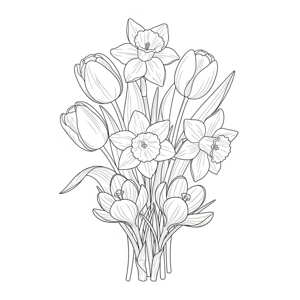 Ausmalbild mit verschiedenen Frühling Blumen zum Ausdrucken und Ausmalen für Kinder und Erwachsene