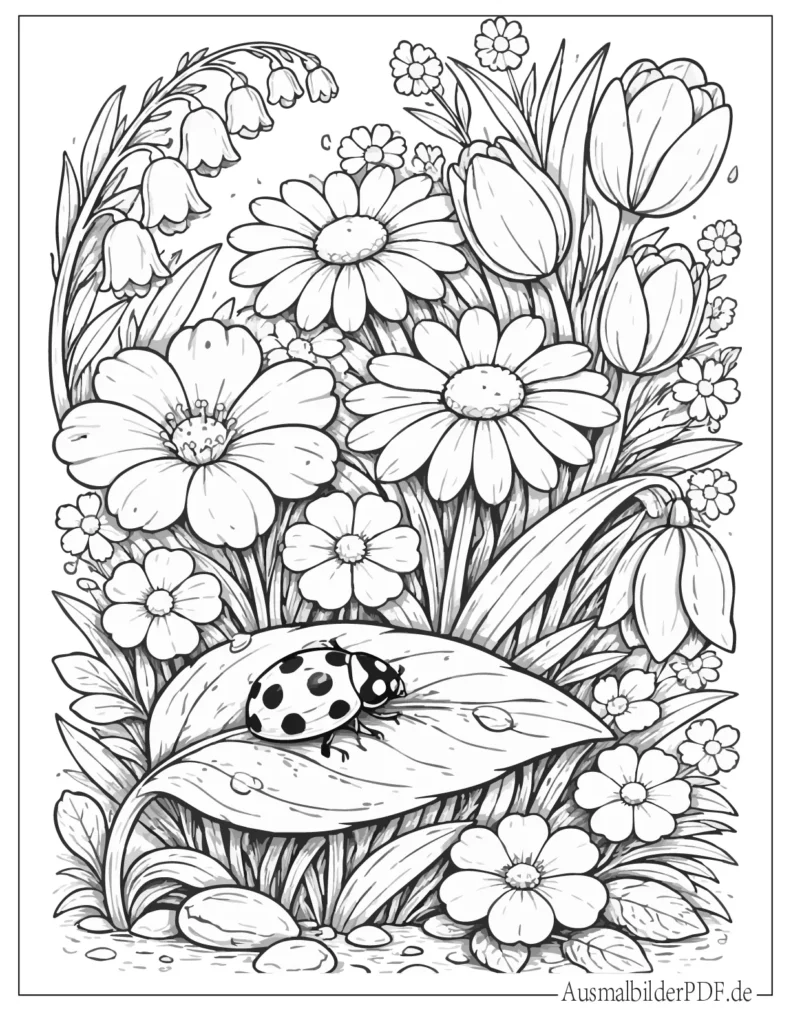 Ausmalbild von Frühlingsblumen mit einem Marienkäfer auf einem Blatt, ideal für Kinder zum Ausmalen
