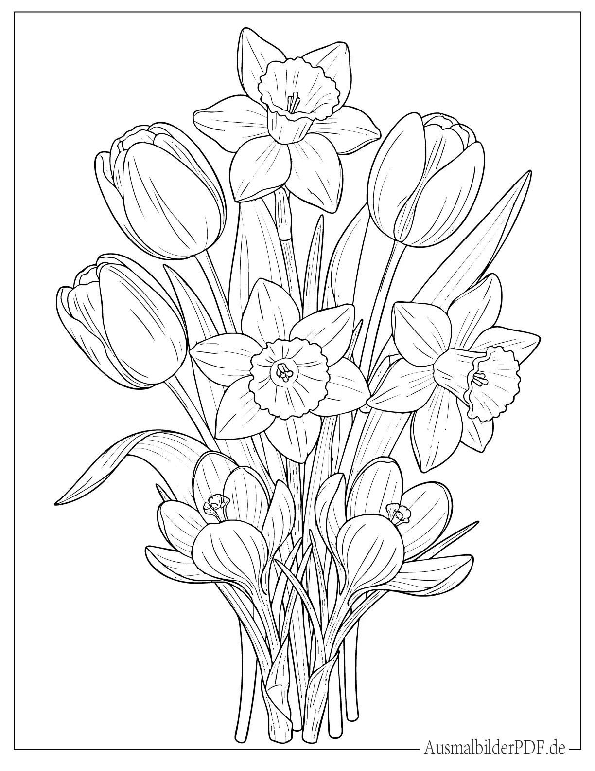 Realistischer Frühlingsblumenstrauß Ausmalbild für Erwachsene
