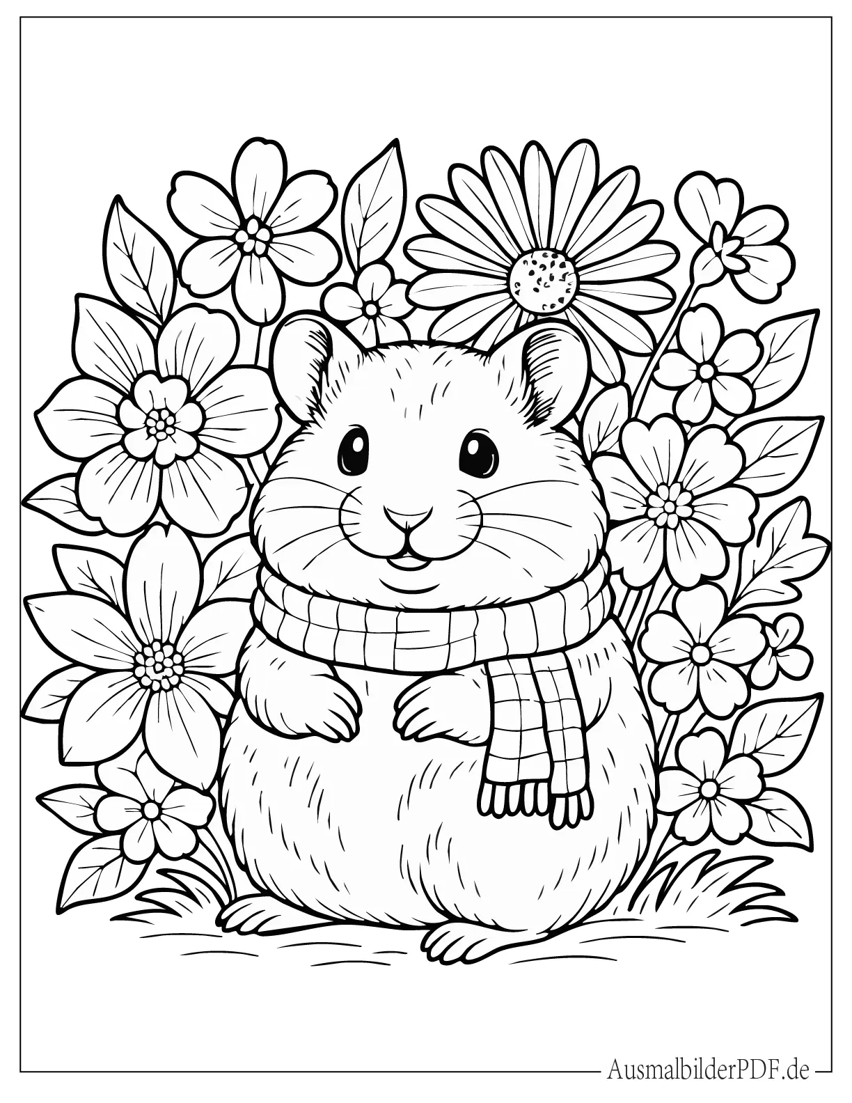 Frühlings Hamster mit Blumen Ausmalbild