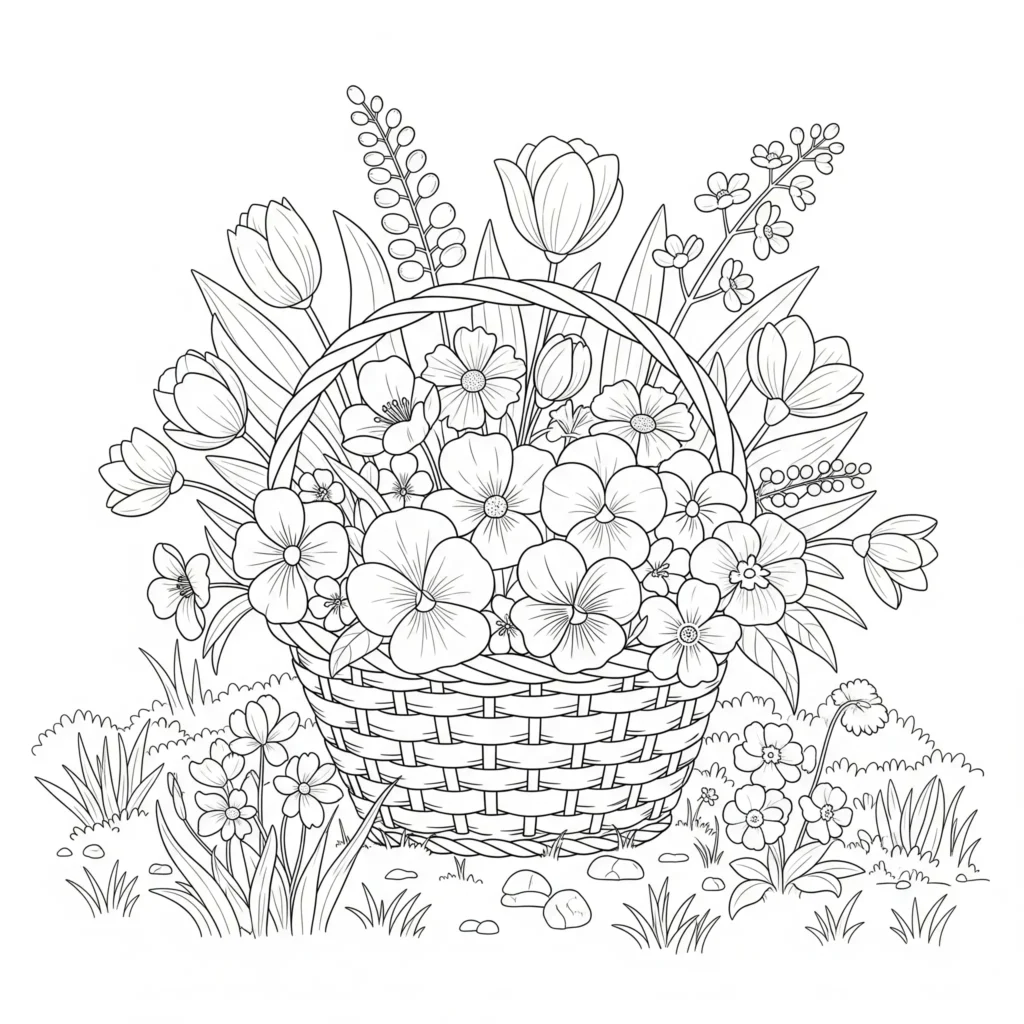 Ausmalbild zeigt einen Korb voller Blumen im Frühlingsgarten, perfekt zum Ausdrucken und Ausmalen für Kinder und Erwachsene