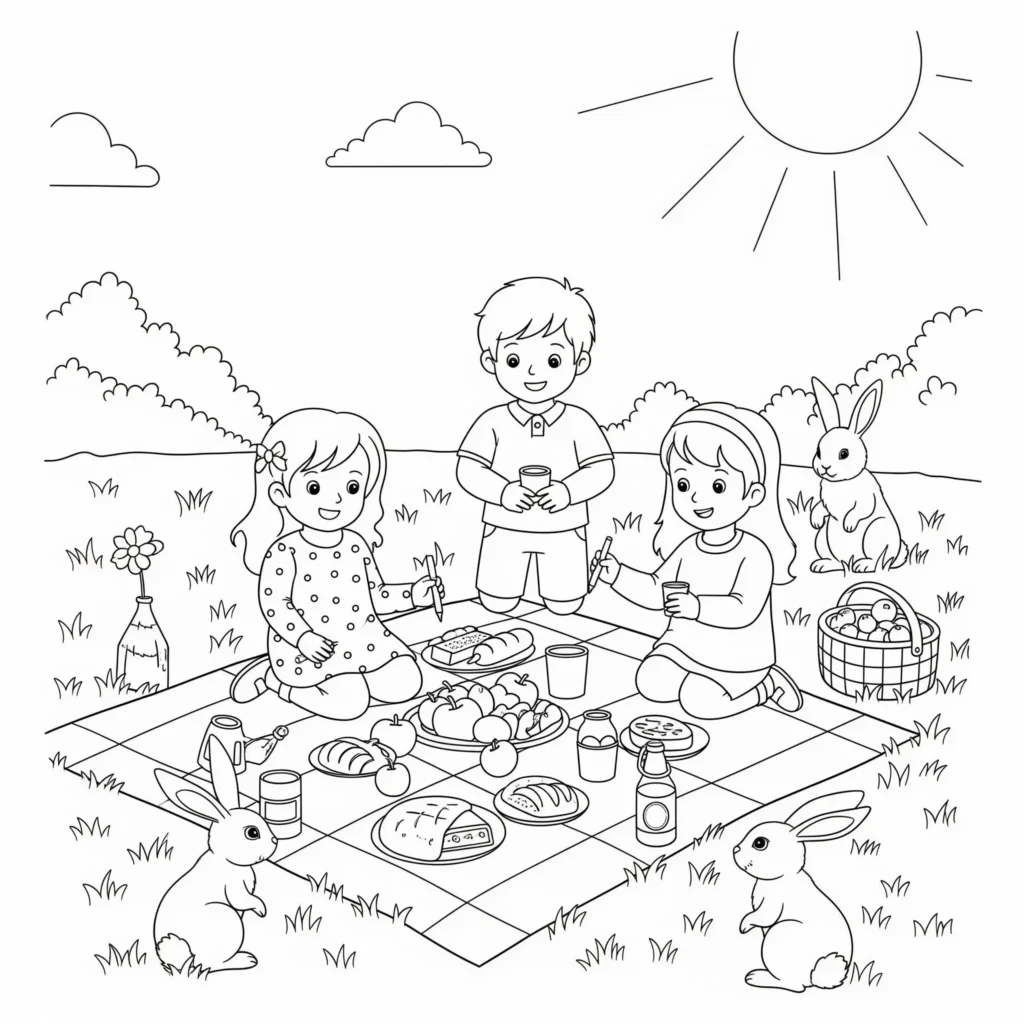 Ausmalbild zeigt Kinder bei einem Picknick im Frühling auf einer Wiese mit Decke und Körben, ideal zum Ausdrucken und Ausmalen