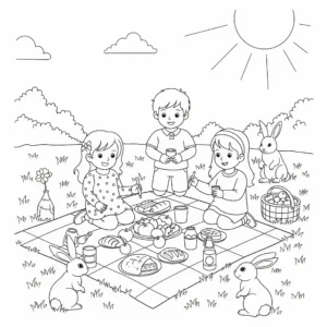 Ausmalbild zeigt Kinder bei einem Picknick im Frühling auf einer Wiese mit Decke und Körben, ideal zum Ausdrucken und Ausmalen