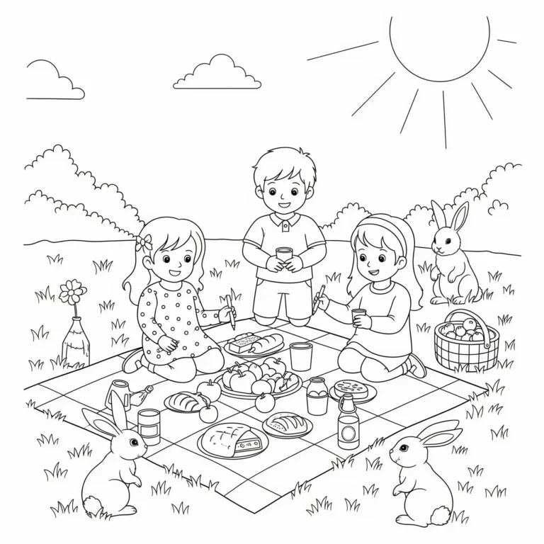 Ausmalbild zeigt Kinder bei einem Picknick im Frühling auf einer Wiese mit Decke und Körben, ideal zum Ausdrucken und Ausmalen