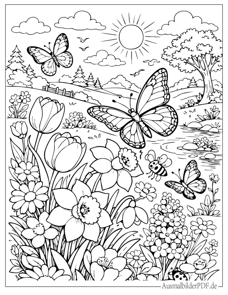 Ausmalbild einer bunten Frühlingswiese mit Blumen, ideal für Kinder zum Ausmalen und Drucken