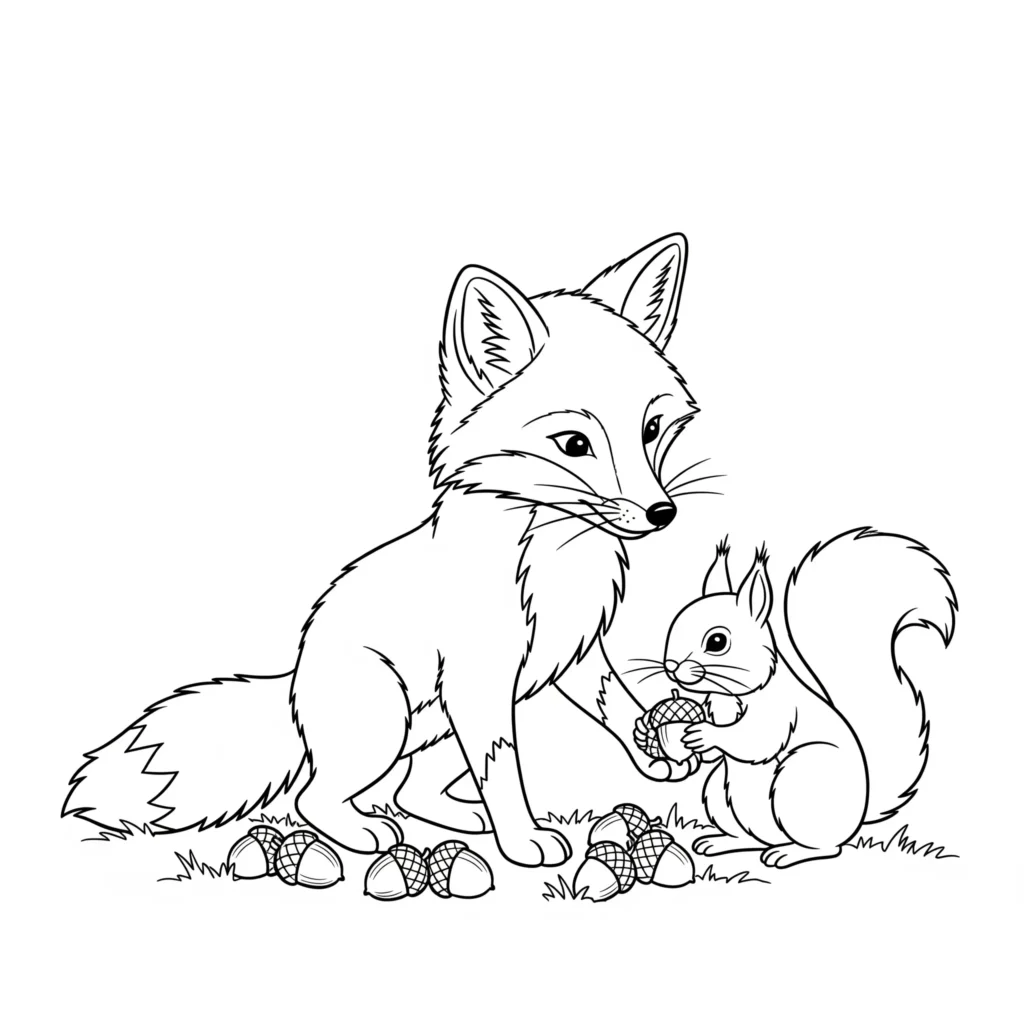 fuchs ausmalbild zum ausdrucken mit einem fuchs und einem eichhoernchen die gemeinsam eicheln sammeln als herbstliche vorlage für kinder