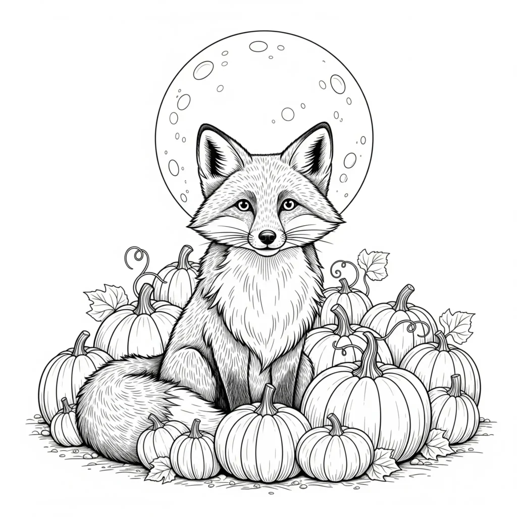 fuchs ausmalbild kinder zeigt einen fuchs zwischen mehreren kuerbissen auf einem herbstlichen feld als saisonale druckvorlage zum ausmalen