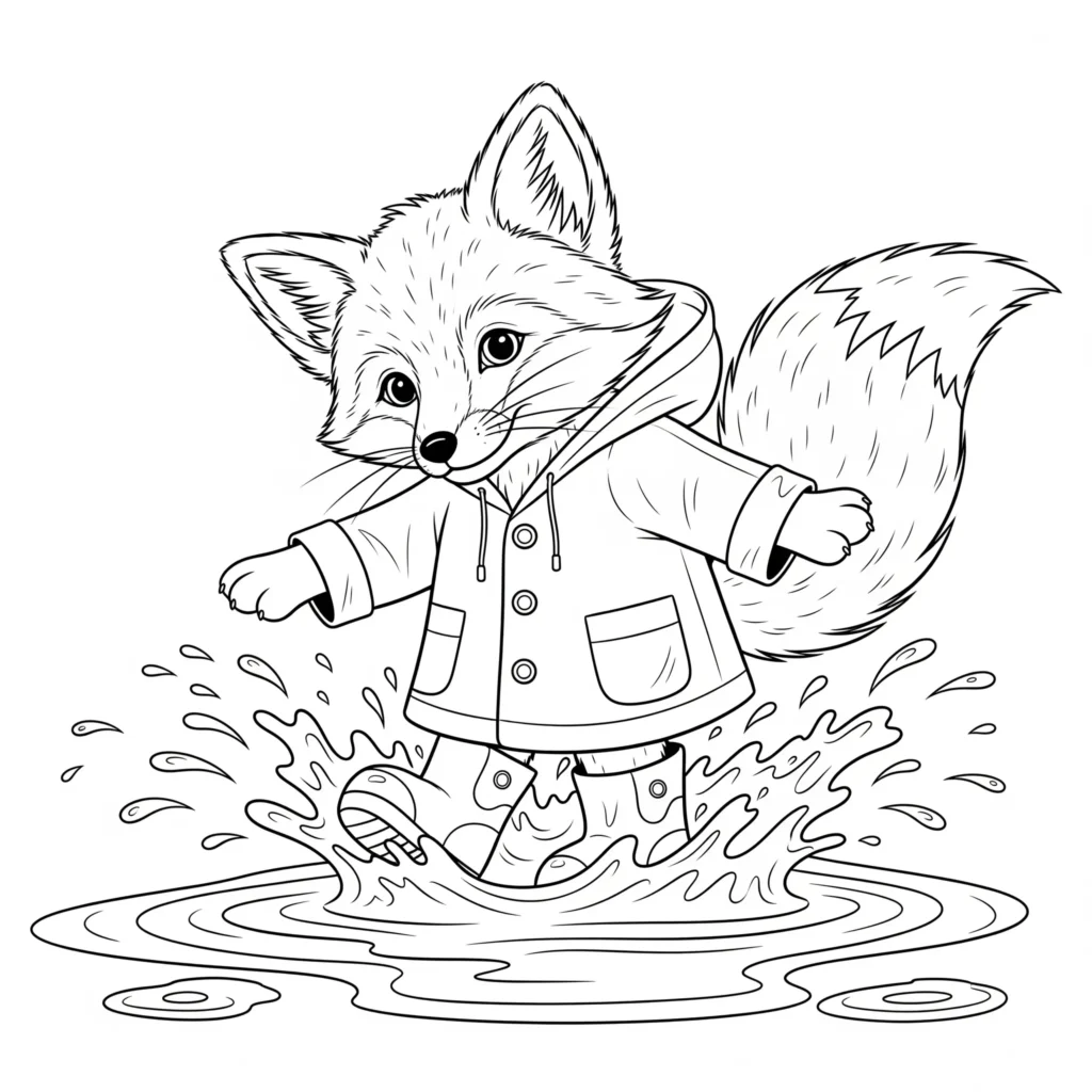 fuchs ausmalbild kinder mit einem fröhlichen fuchs der im regen spielt und durch pfützen springt als einfache vorlage zum ausdrucken