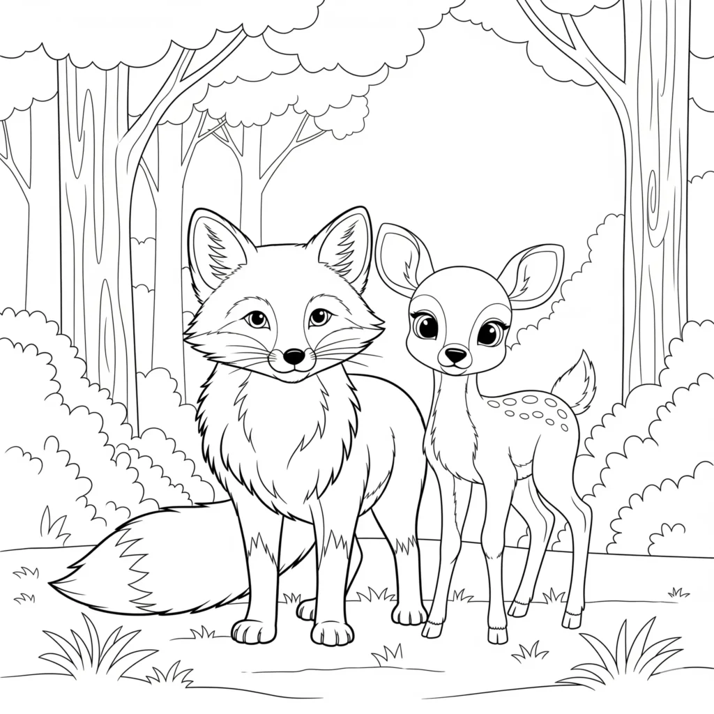 fuchs ausmalbild zum ausdrucken mit einem reh und einem fuchs gemeinsam im wald als ruhige naturvorlage für kinder geeignet