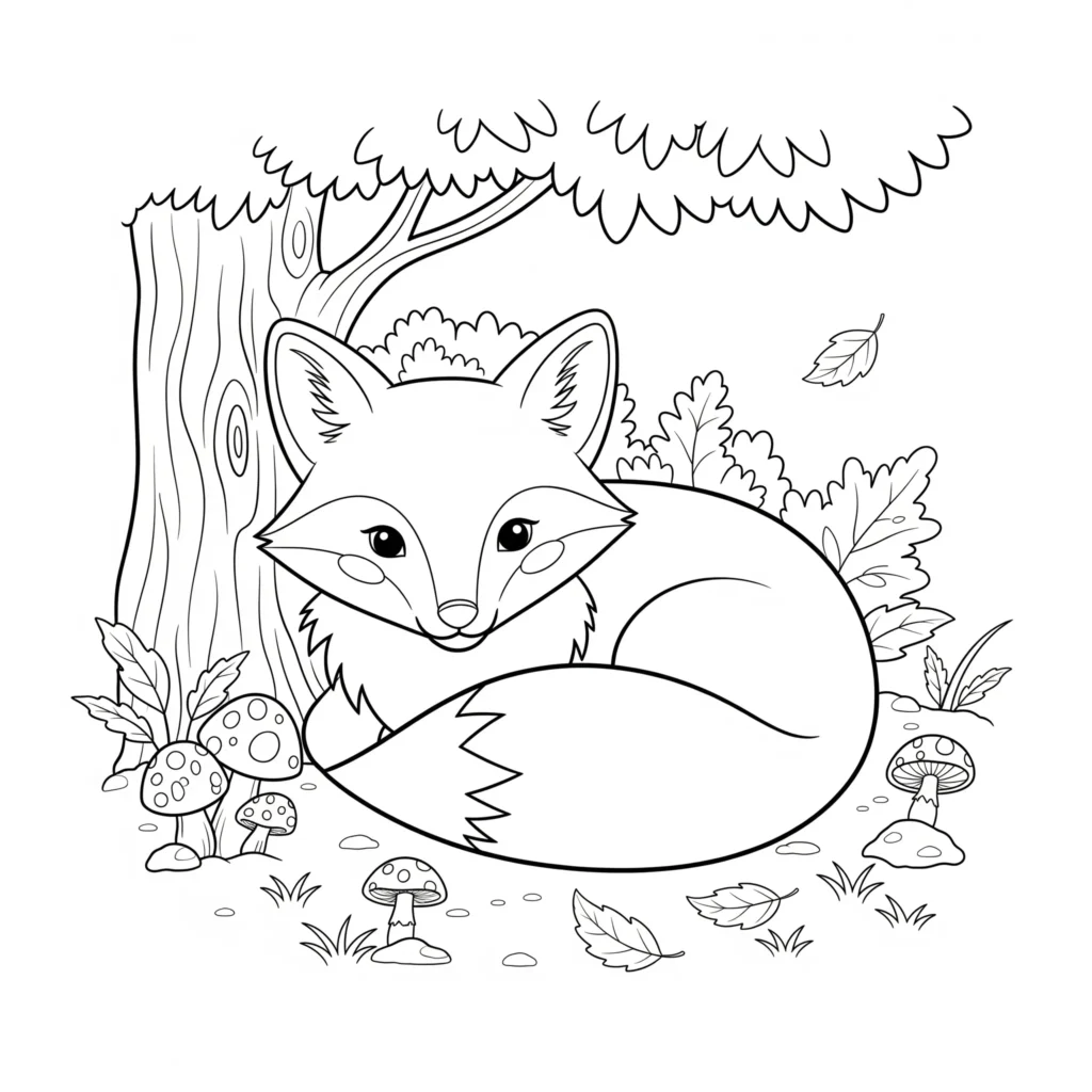 20+ Herbst Ausmalbilder (Kostenlos Malvorlage zum Ausdrucken) Ein roter Fuchs sitzt ruhig auf dem Waldboden zwischen bunten Herbstblättern. Kinder können die Tiere, Bäume und Blätter farbenfroh gestalten