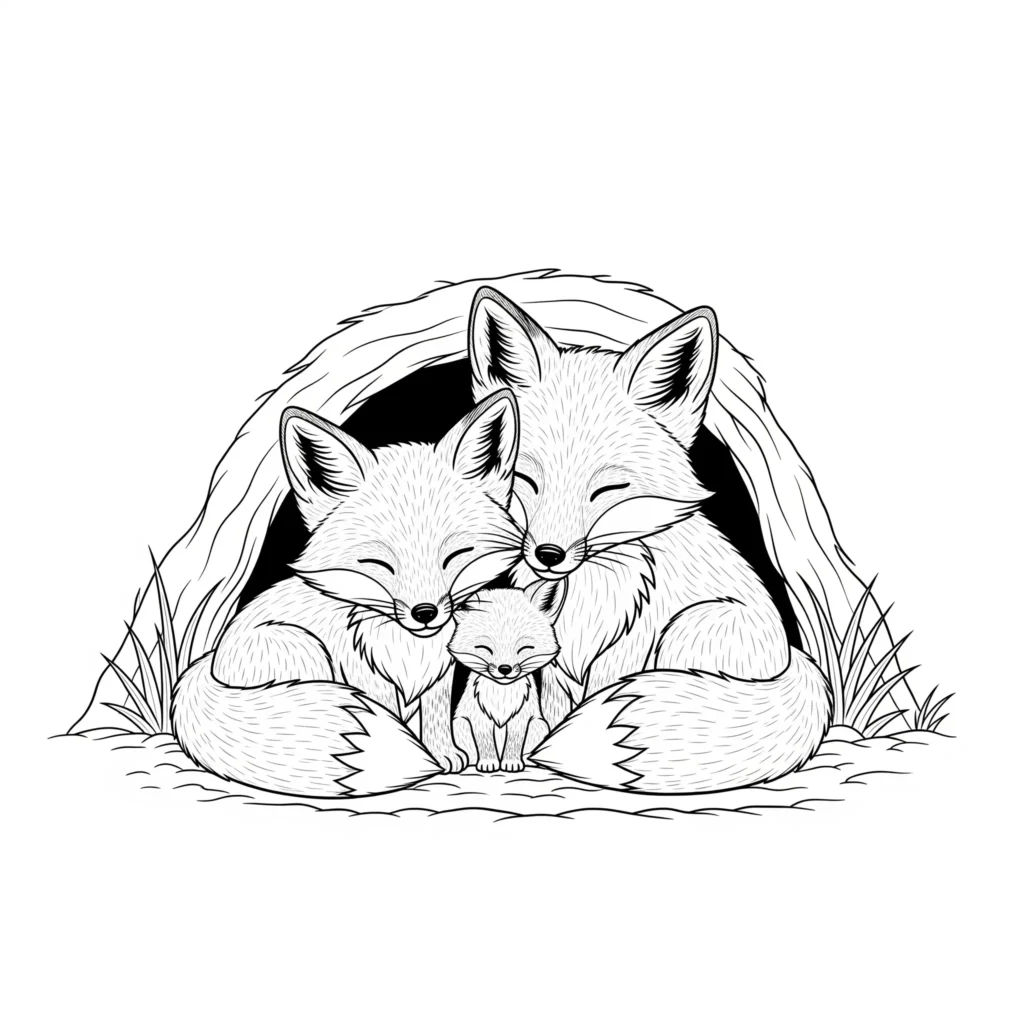 fuchs ausmalbilder für kinder mit einer liebevollen fuchsfamilie bestehend aus eltern und jungen als einfache vorlage zum ausdrucken