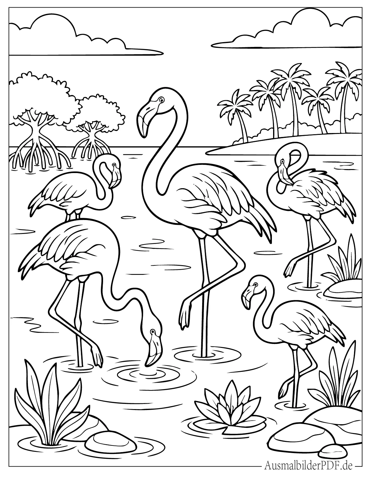 Flamingogruppe im Wasser Ausdruckbare Malvorlage