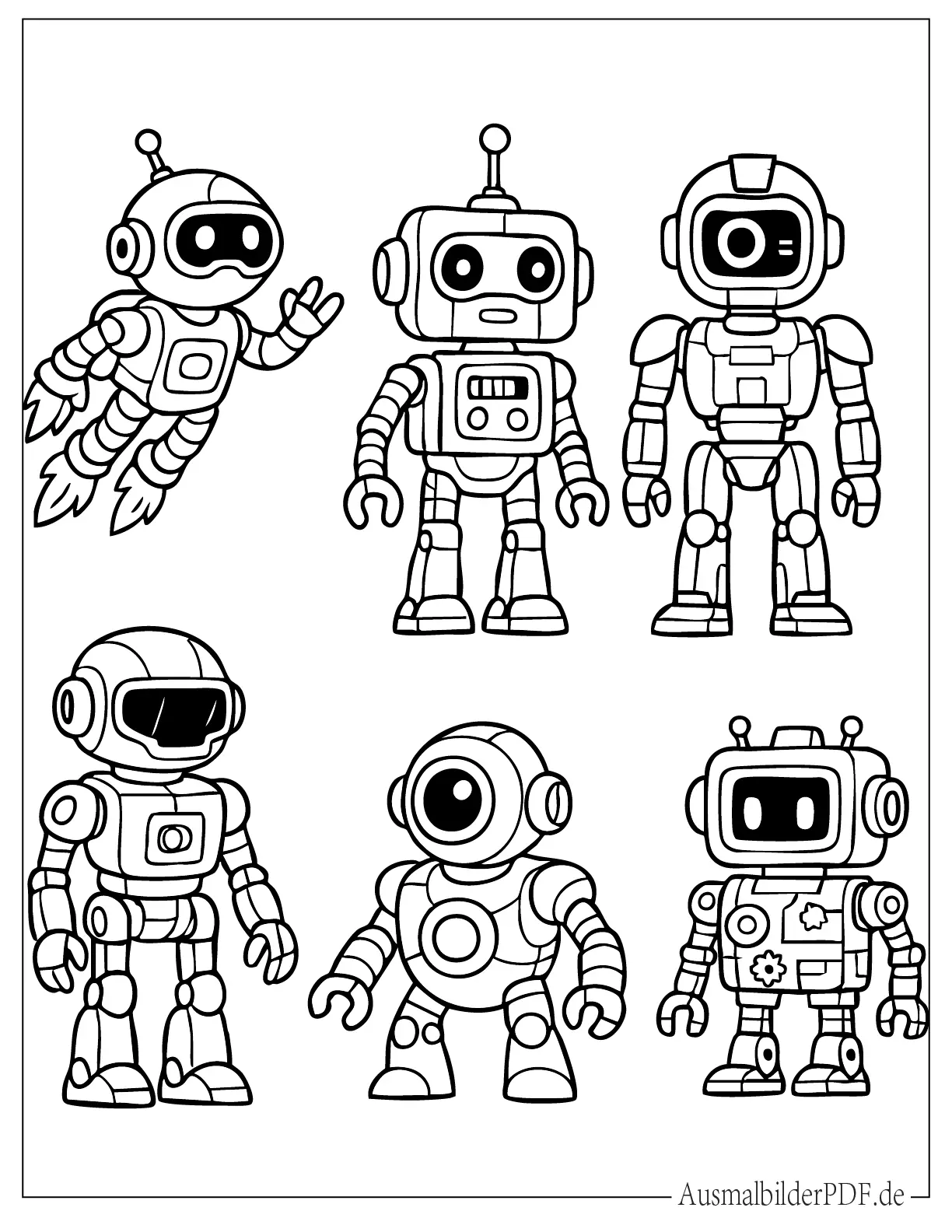 Fünf kleine Roboter Ausmalvorlage