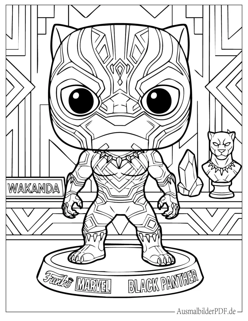 14 Black Panther Ausmalbilder (Gratis Vorlagen zum drucken) Süßes Ausmalbild im Funko Pop Stil zeigt Black Panther als chibi Figur mit großen Kopf und klaren Linien zum Ausmalen