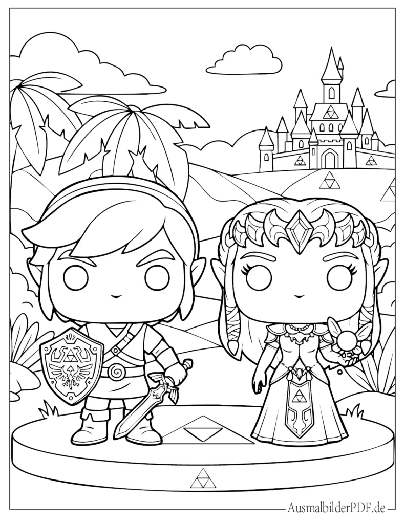 Ausmalbild von Funko Pop Figuren Link und Zelda, ideal für Kinder zum Ausmalen und Drucken