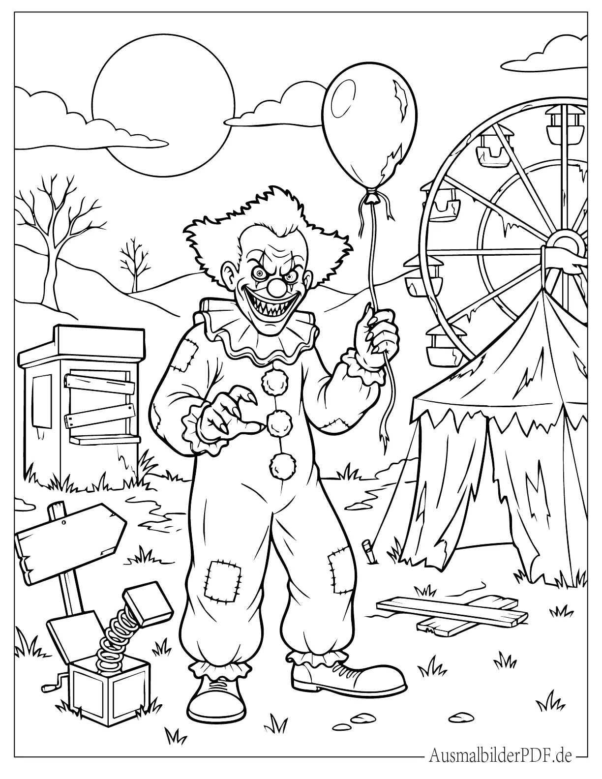 Furchterregender Clown auf einem verlassenen Jahrmarkt zum Ausmalen