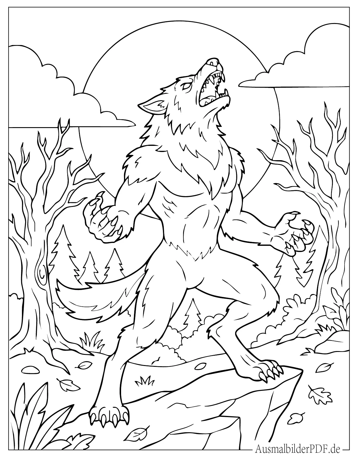 Schrecklicher Werwolf brüllt unter dem Vollmond Ausmalbild