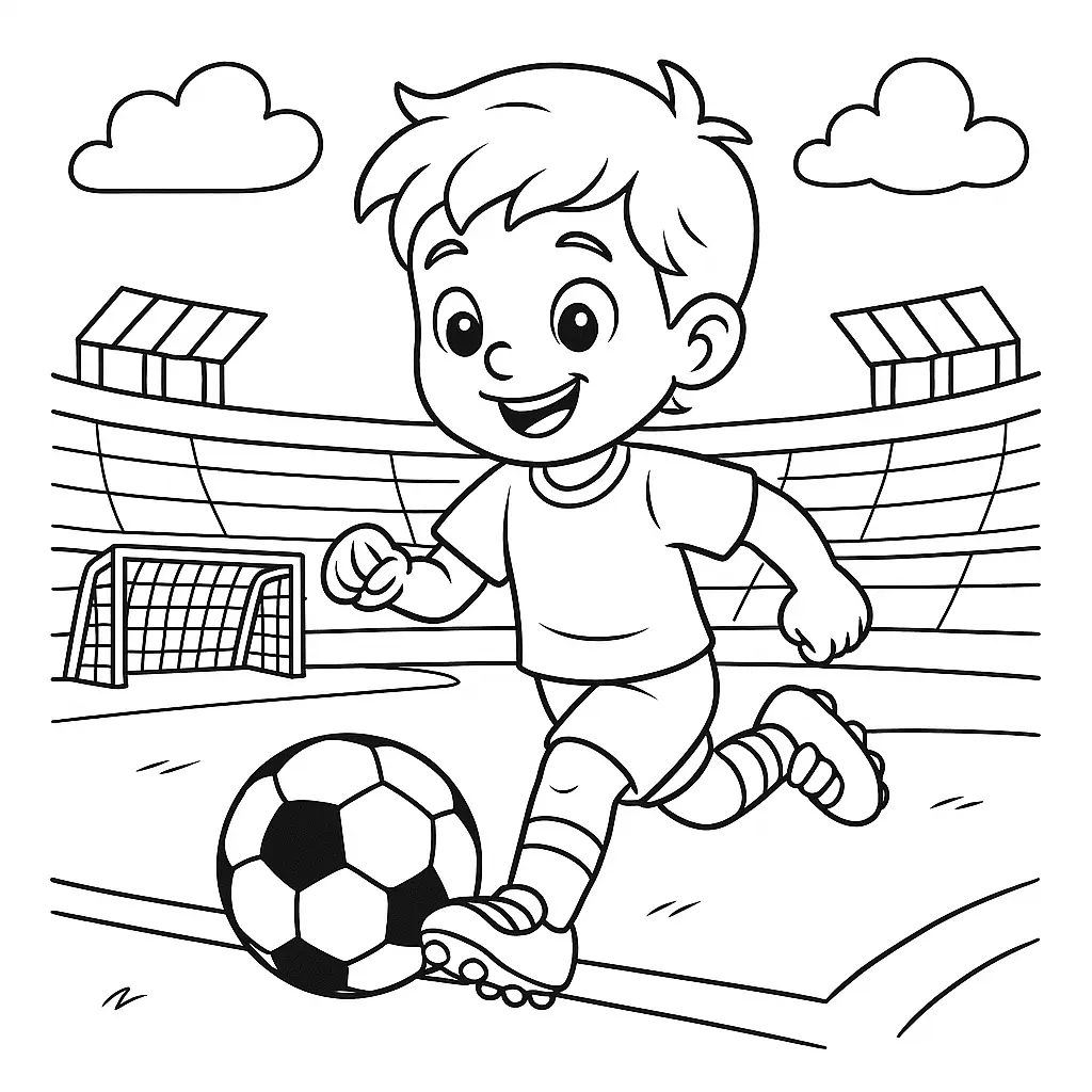 Ausmalbild Fröhlicher Junge spielt Fußball auf dem Feld, mit Stadion und Tor im Hintergrund.