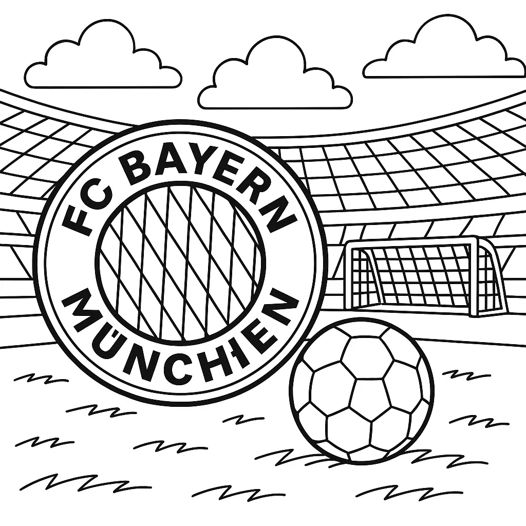 Ausmalbild FC Bayern München Logo im Stadion mit Ball und Tor im Hintergrund.