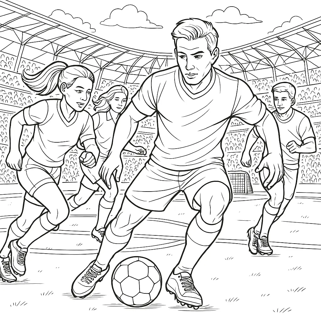 Ausmalbild – Erwachsene Frauen und Männer spielen gemeinsam Fußball im Stadion, dynamische Spielsituation mit Ball und Zuschauern.