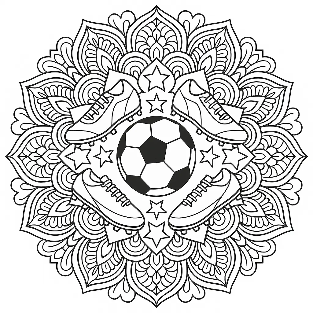 Ausmalbild Mandala mit Fußball in der Mitte, umgeben von Fußballschuhen, Sternen und detaillierten Mustern.