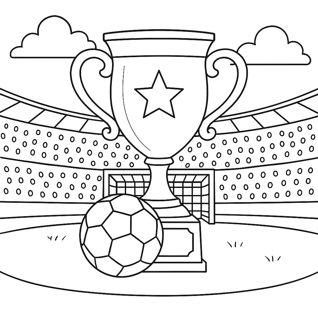 Ausmalbild Fußballpokal mit Stern auf einem Podest, Fußball im Vordergrund, Stadion im Hintergrund.