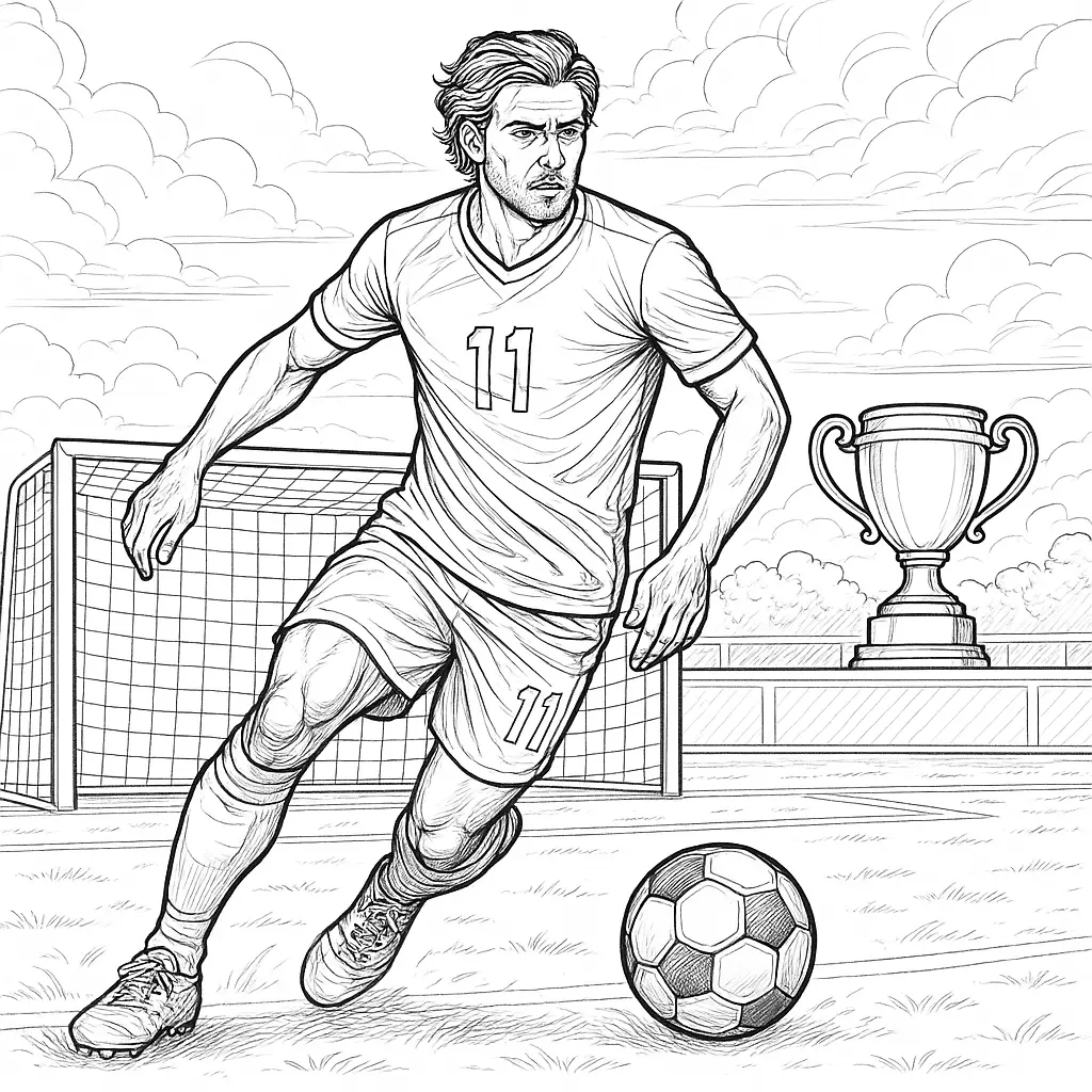 Ausmalbild Fußballspieler – realistischer Profispieler mit Trikot Nummer 11 vor dem Tor, Ball am Fuß, Pokal im Hintergrund.