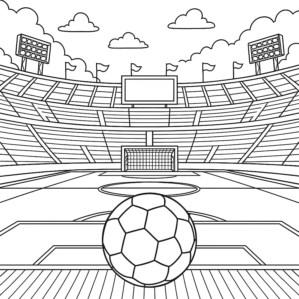 Ausmalbild Komplettes Fußballstadion mit Tribünen, Tor, Ball im Vordergrund und Flutlichtanlagen im Hintergrund.