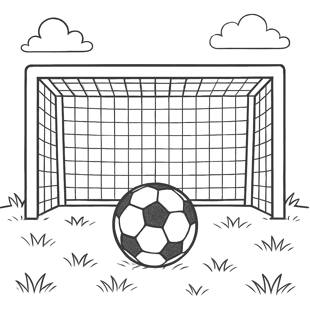 Ausmalbild – Fußballtor mit Ball auf dem Spielfeld und klar gezeichnetem Netz im Hintergrund.