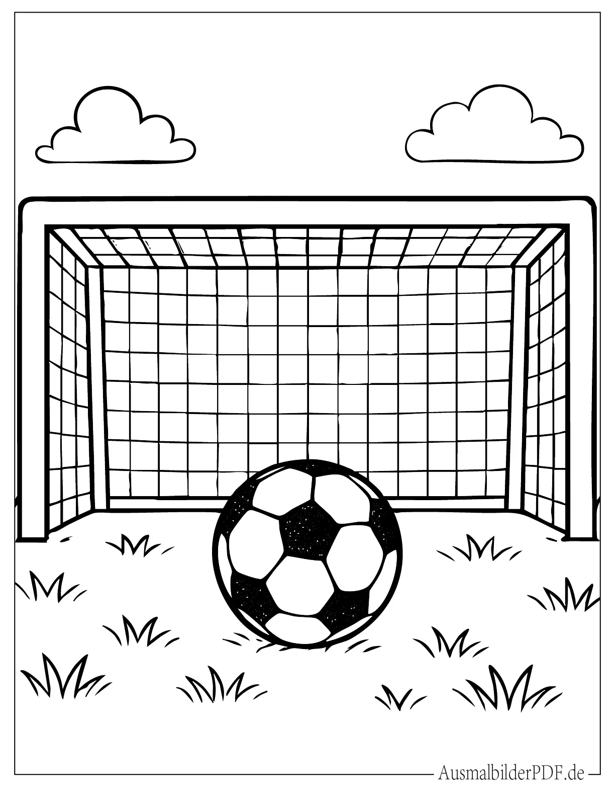 Fußballtor, Ball, Netz und Spielfeld druckbares Malvorlage